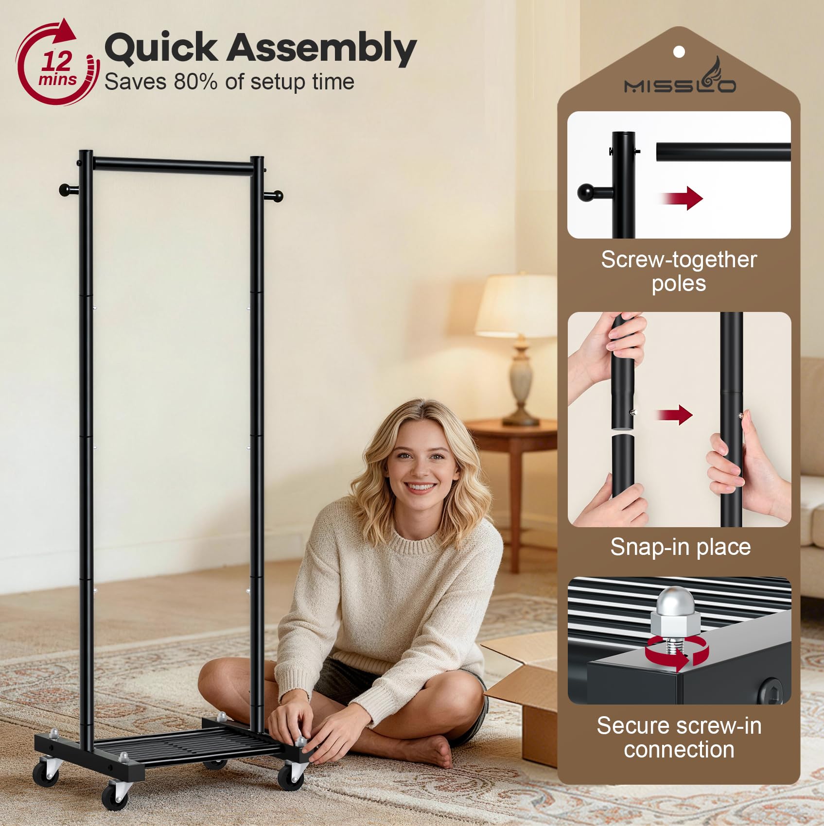 MISSLO wheels protect floors while rolling the rack across rooms.