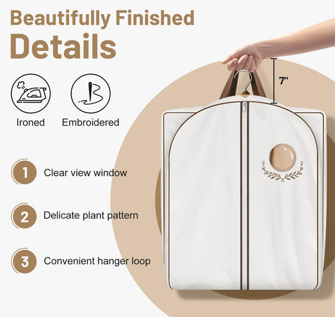 MISSLO white garment bag with brown stitching elevates closet aesthetics.