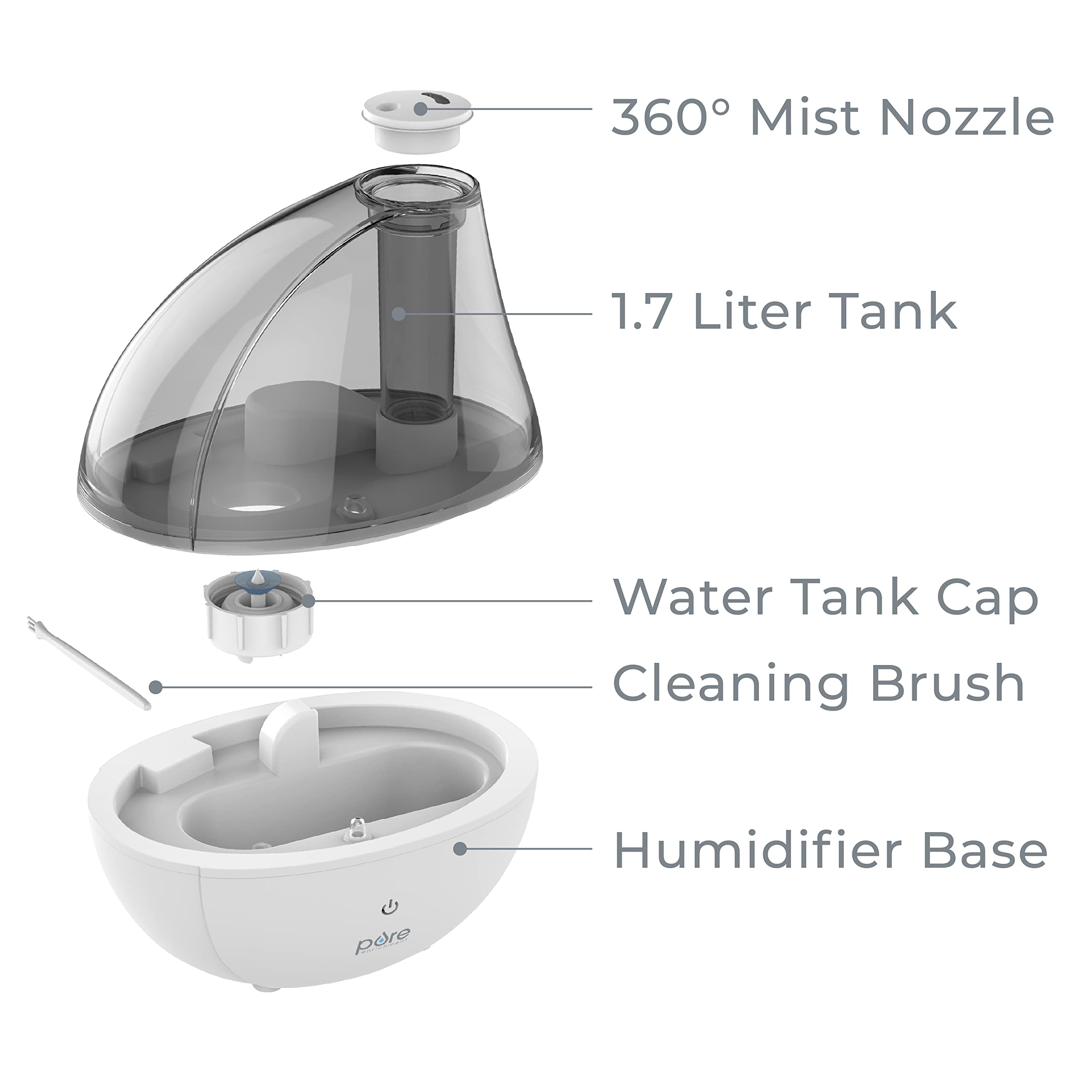 MistAire Silver 1.5L tank highlighted for long lasting moisture delivery.