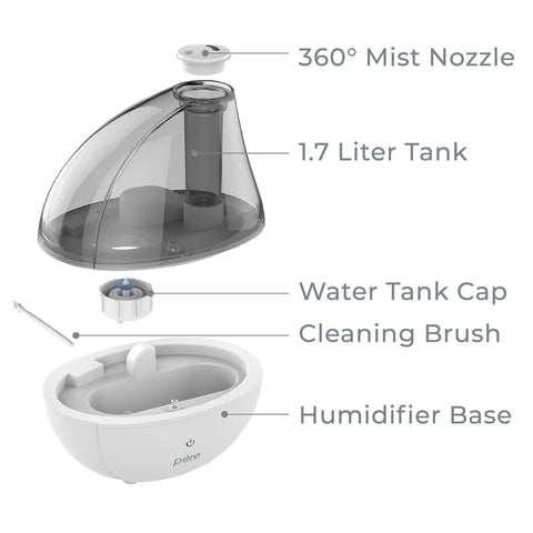 MistAire Silver 1.5L tank highlighted for long lasting moisture delivery.