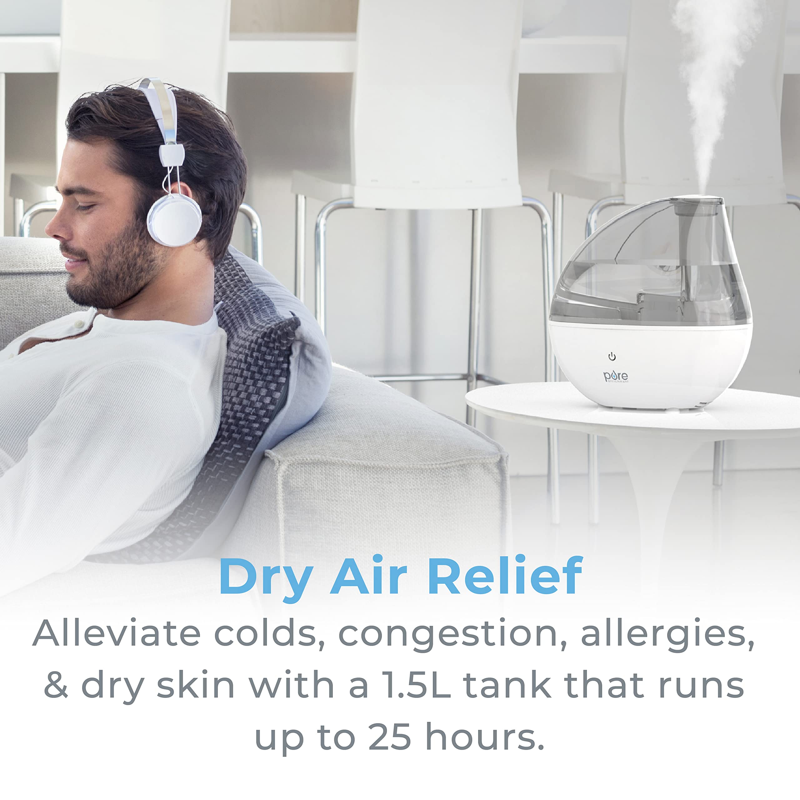 MistAire Silver humidifier 360 degree mist nozzle directing humidity to the room.