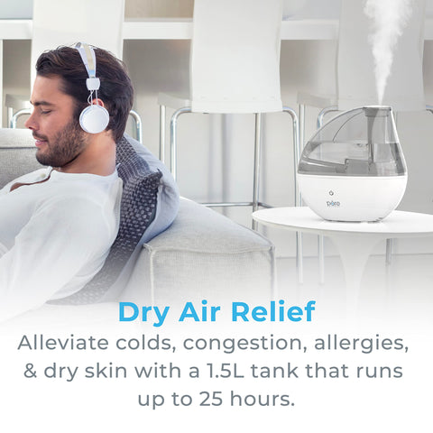 MistAire Silver humidifier 360 degree mist nozzle directing humidity to the room.