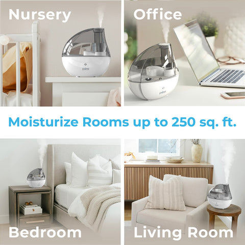 MistAire Silver in nursery with night light offering gentle illumination and soothing humidity.
