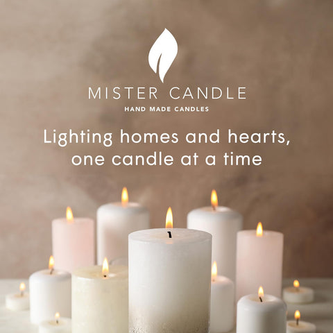 Mister Candle 4x4 white pillar candle adds elegant candlelight.