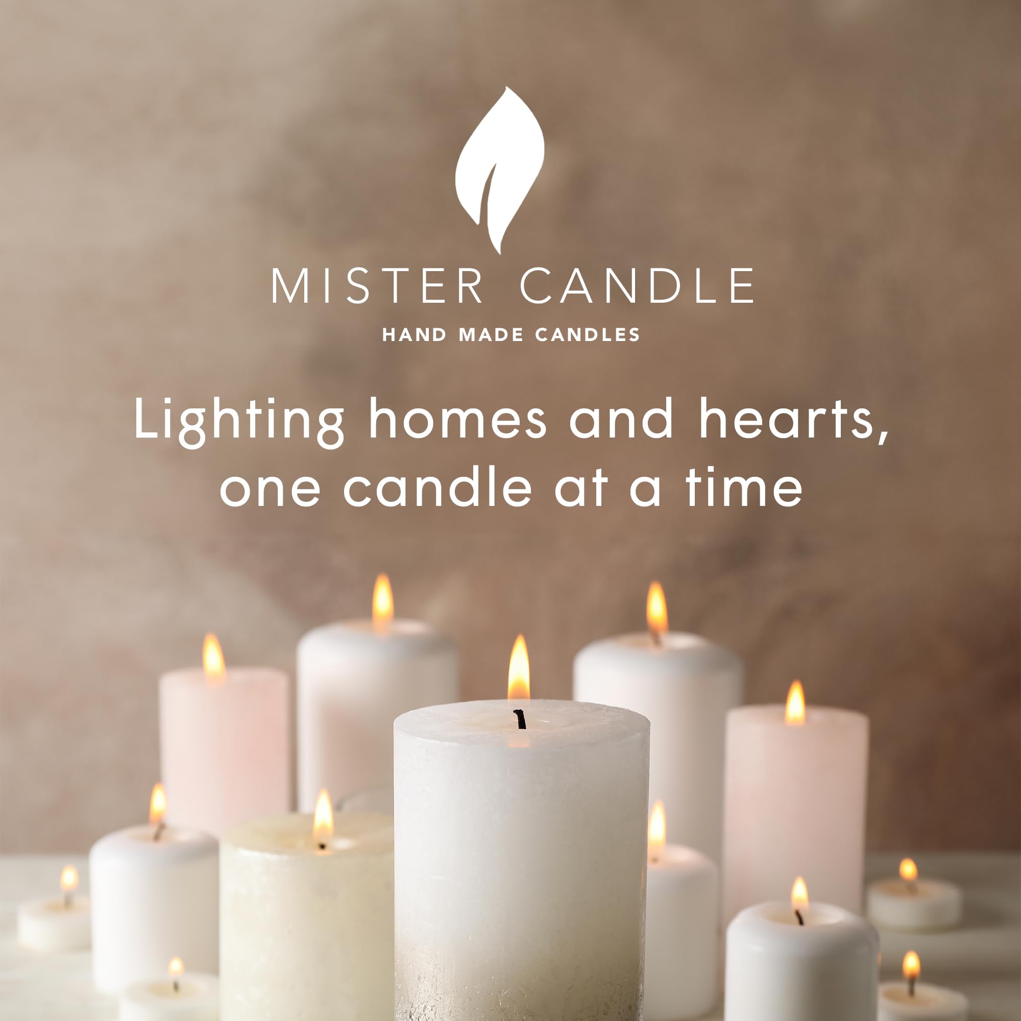 Mister Candle living room setup – three white pillars create serene candlelight accents.