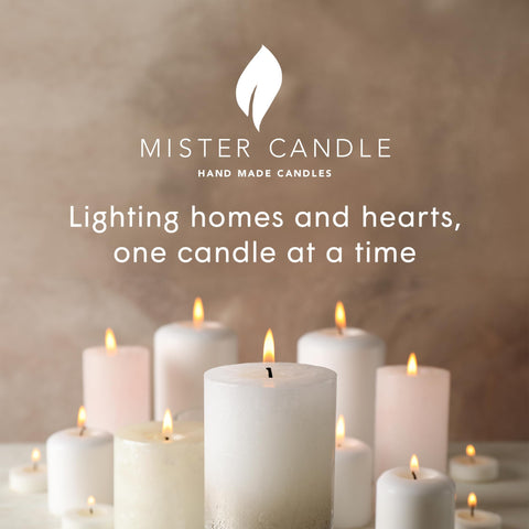 Mister Candle living room setup – three white pillars create serene candlelight accents.