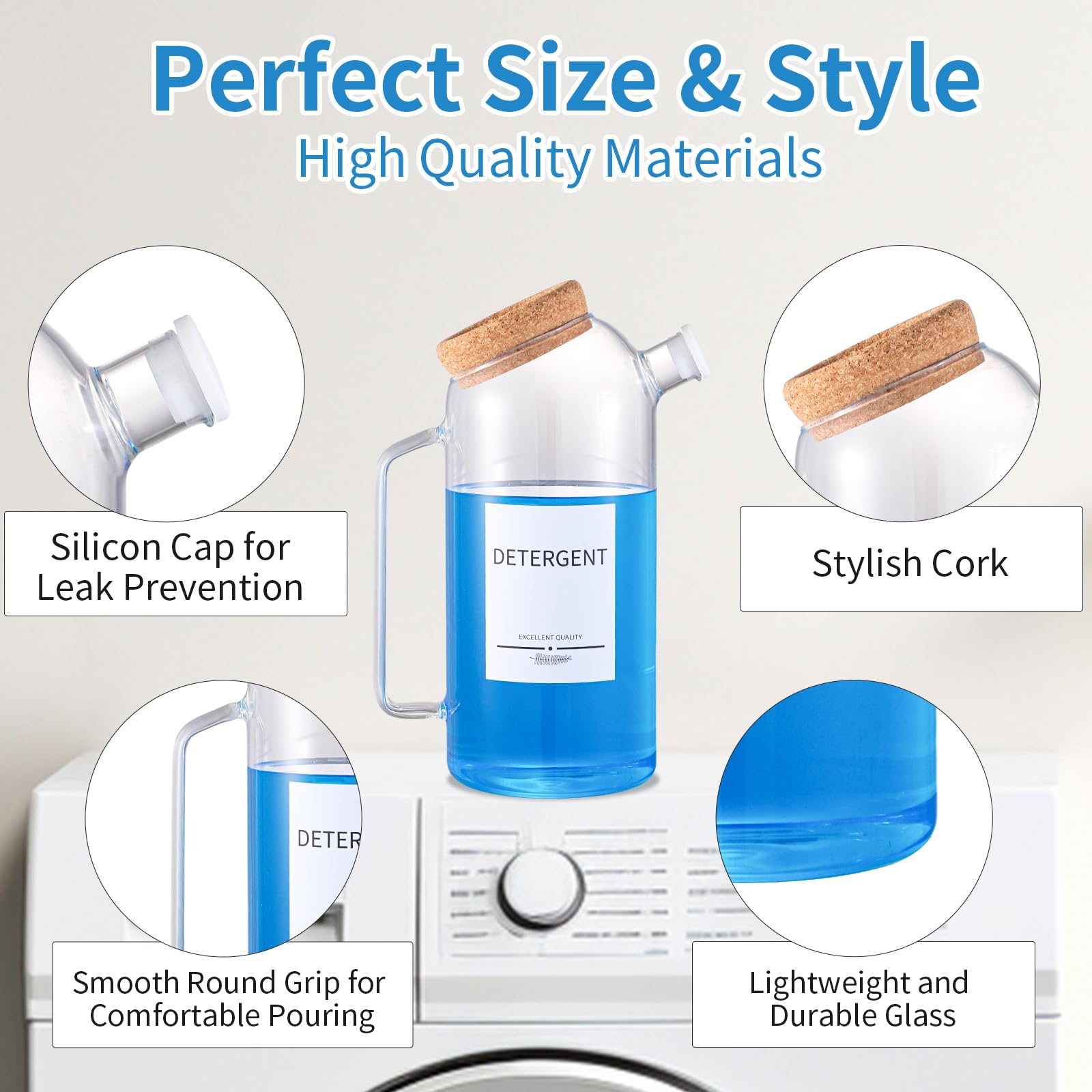 Mithrgrous versatile glass container suitable for detergent, bleach, or softener.