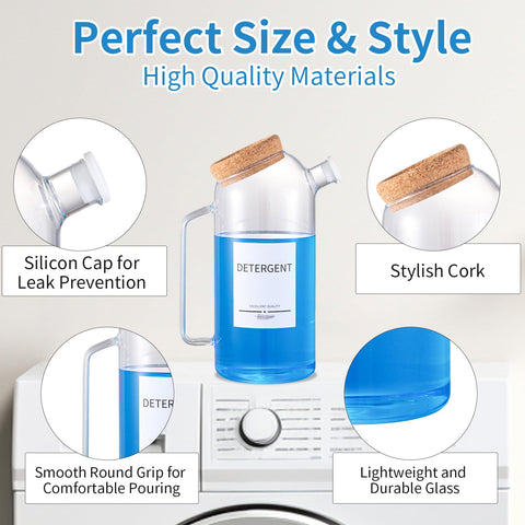 Mithrgrous versatile glass container suitable for detergent, bleach, or softener.