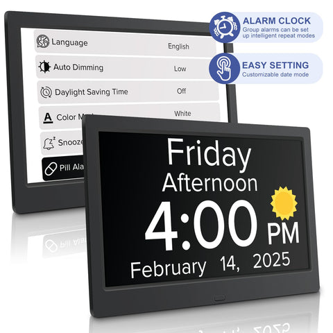 Mitoart clear large screen shows day, date, and week for daily orientation