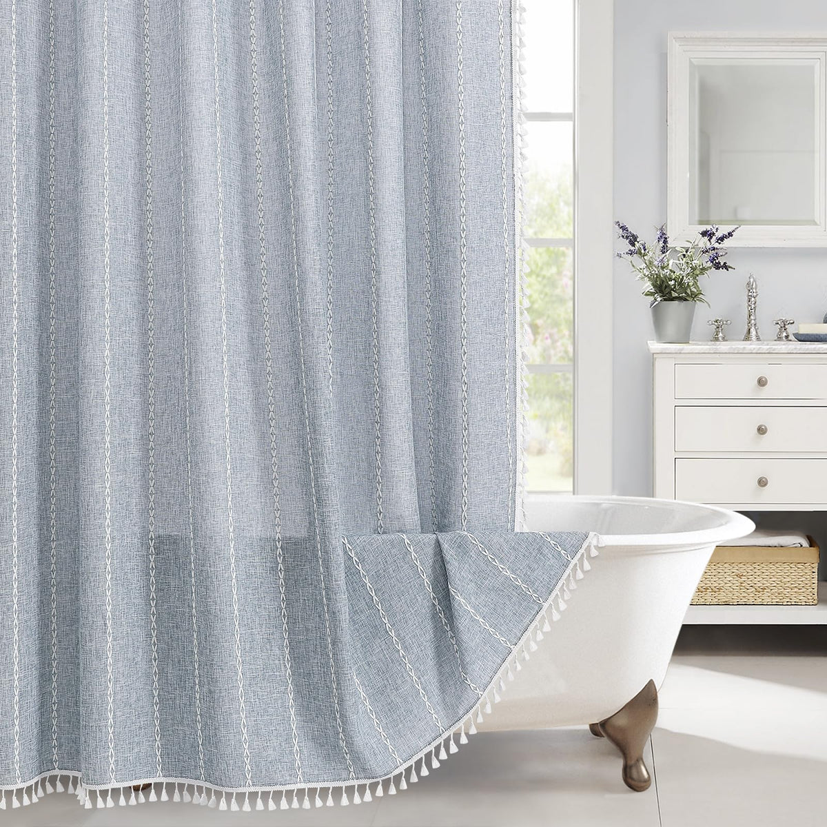 MitoVilla boho shower curtain in blue tassels adds rustic charm and privacy.