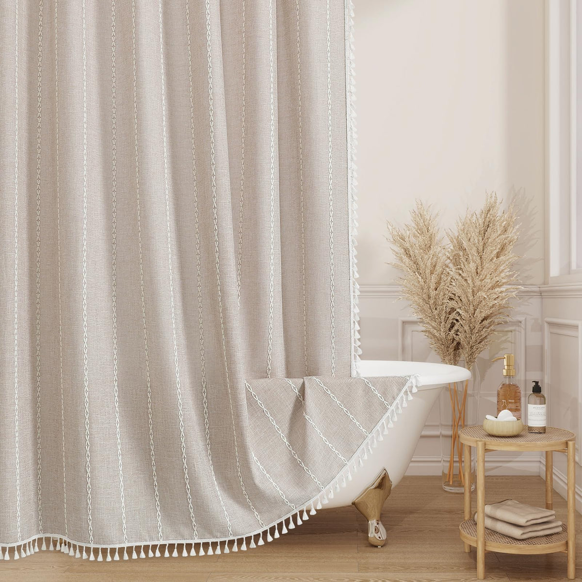 MitoVilla boho farmhouse curtain taupe fabric in a modern bathroom