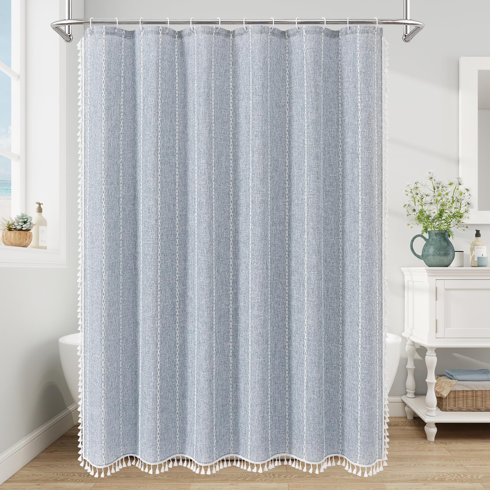 MitoVilla boho farmhouse curtain blue geometric print elevates bathroom style.
