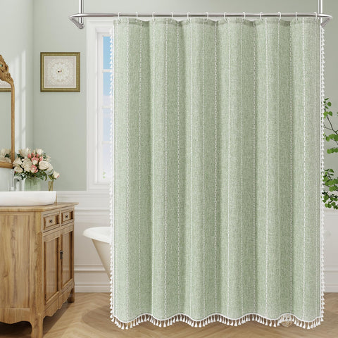 MitoVilla Sage Green Boho shower curtain woven pattern detail for cozy bathroom