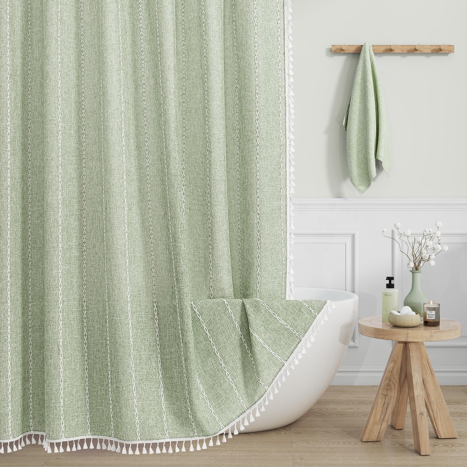 MitoVilla Sage Green Boho shower curtain close-up of fabric texture and rustic charm