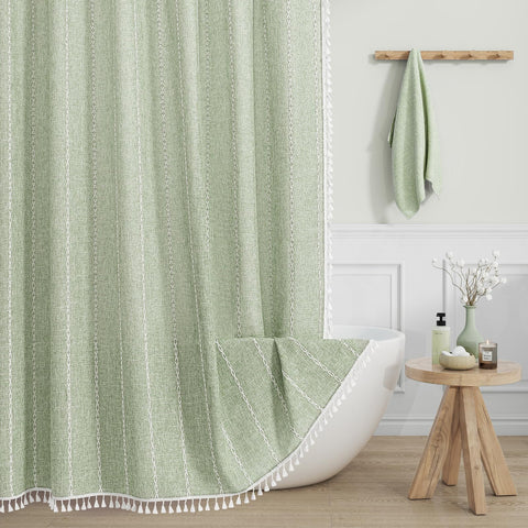 MitoVilla Sage Green Boho shower curtain close-up of fabric texture and rustic charm