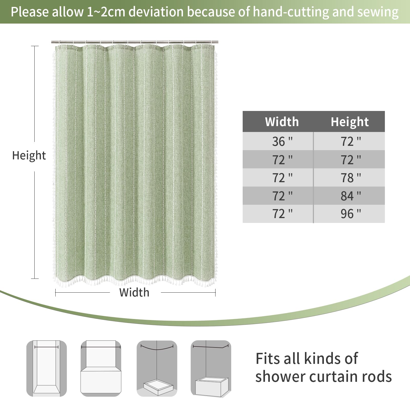 MitoVilla Sage Green Boho shower curtain hanging in a classy bathroom setup