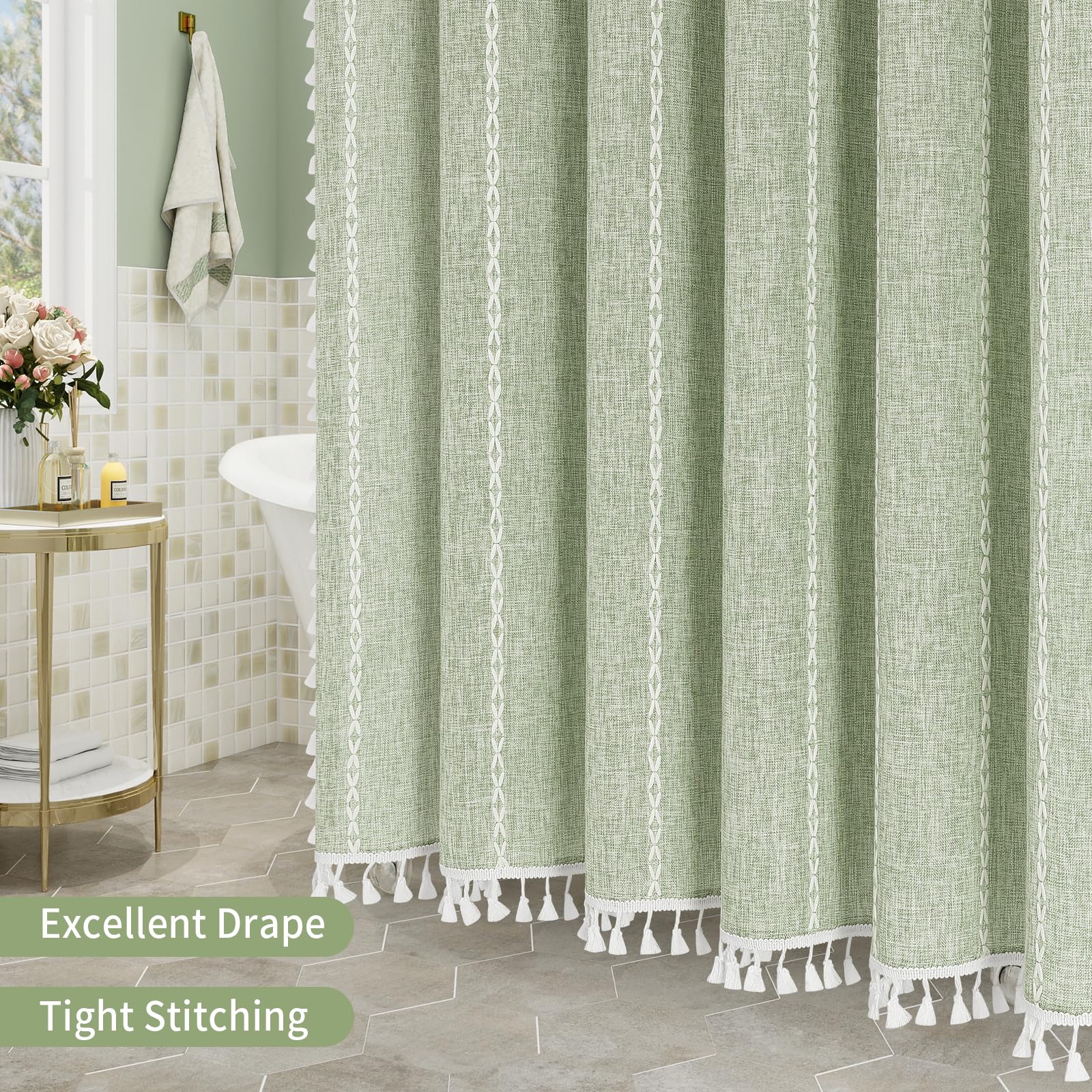 MitoVilla Sage Green Boho shower curtain machine washable care view