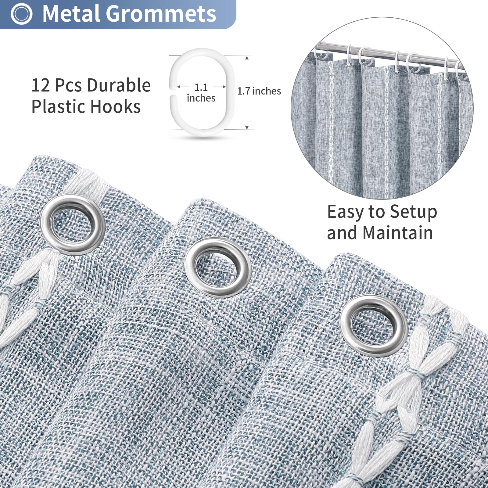 MitoVilla shower curtain includes 12 hooks for quick, easy installation.