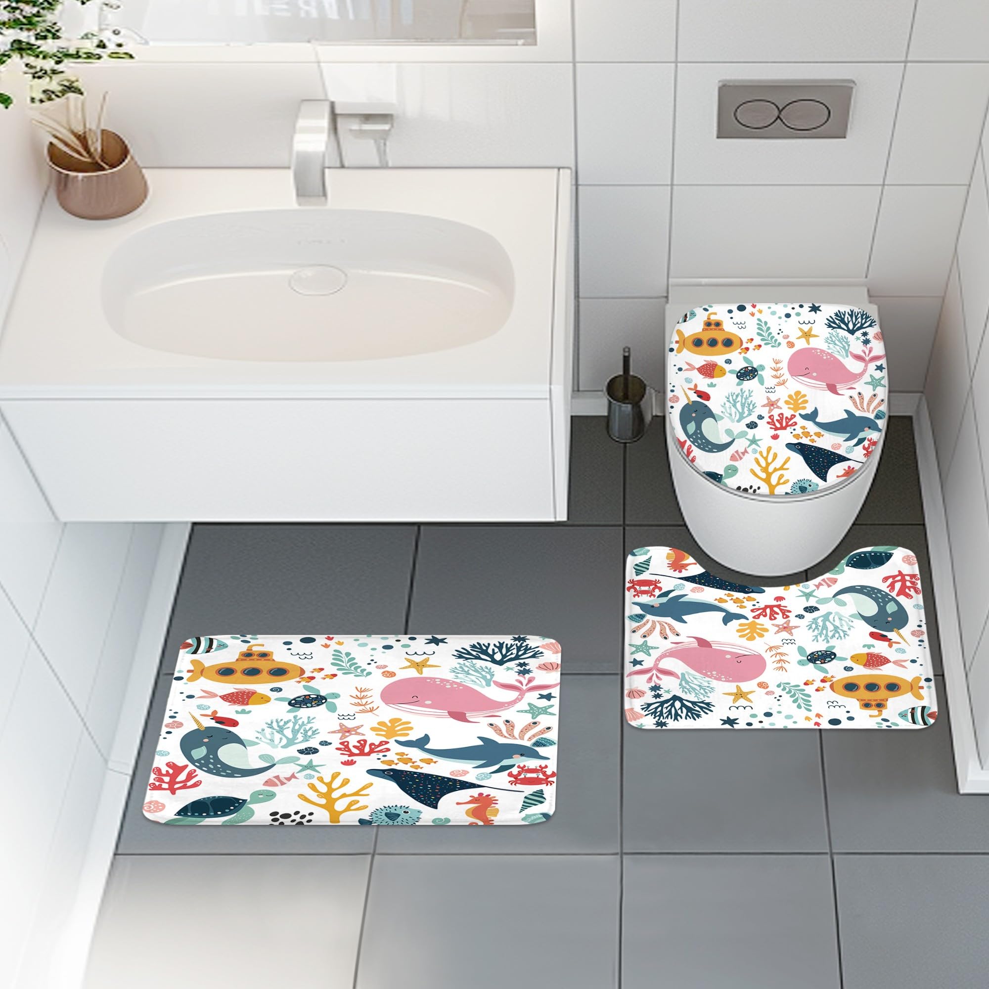 Mitpok ocean-design bath mat keeps feet dry after showers.