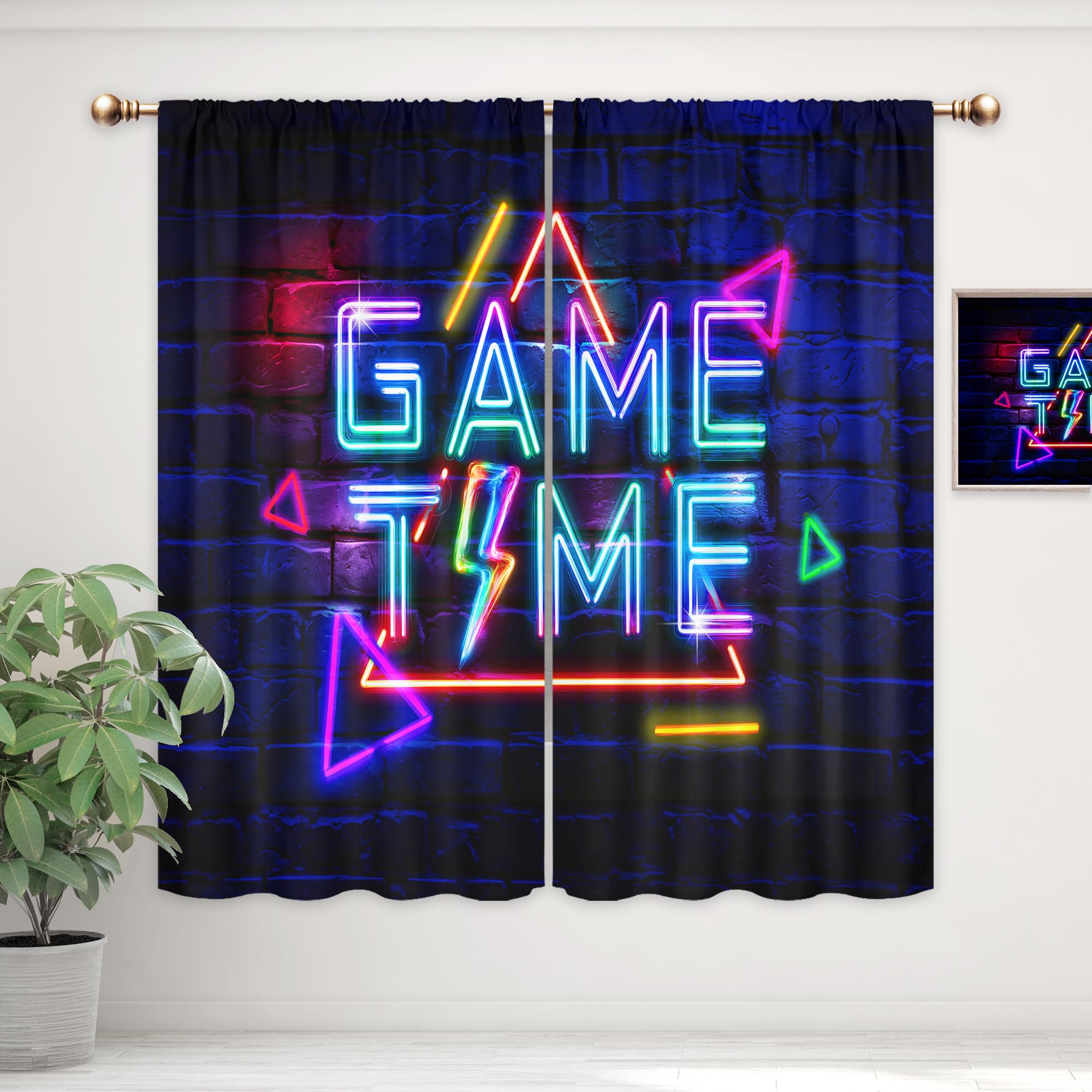 Mitpok neon gaming curtains highlight bold graphics in a boy's bedroom.