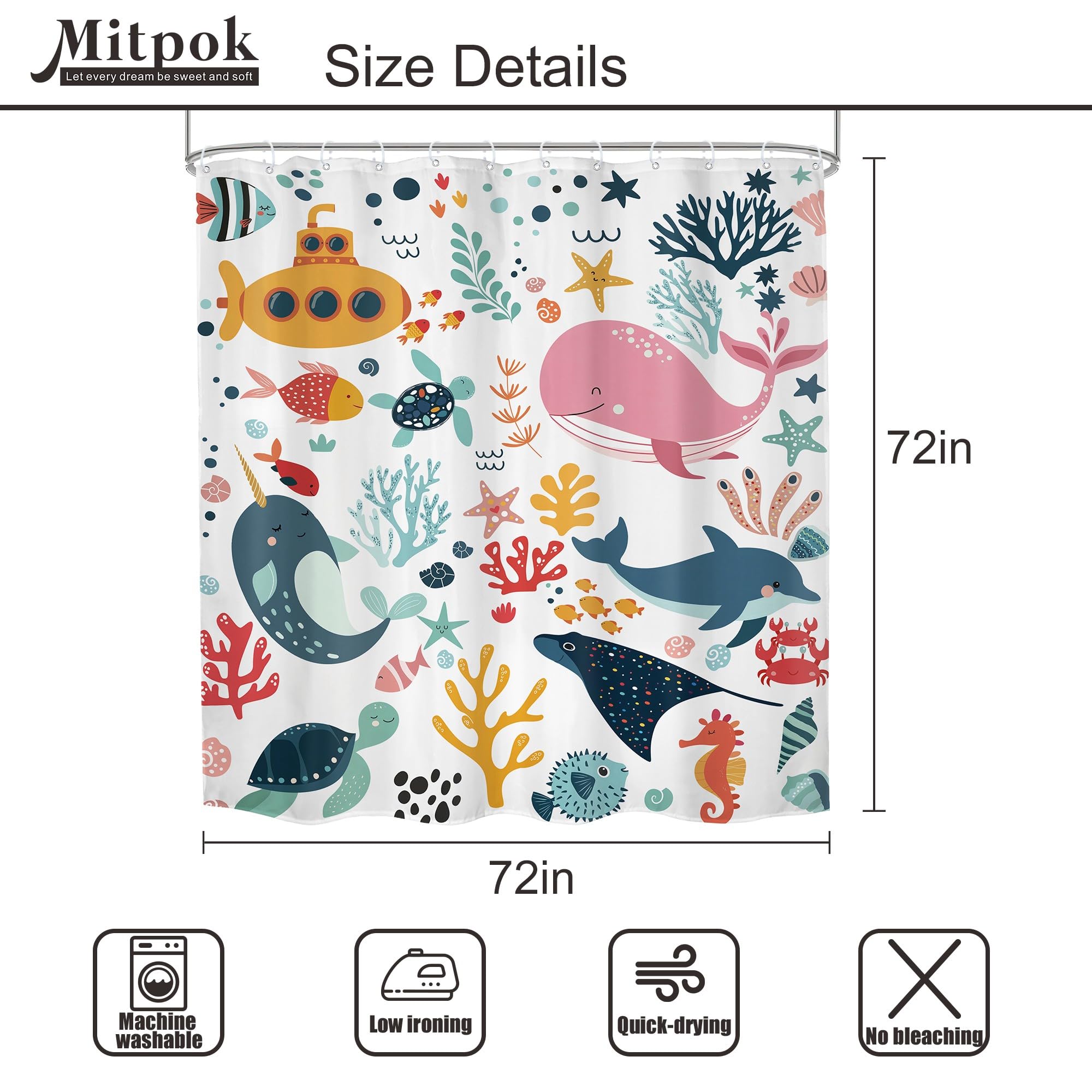 Mitpok 12-hook shower curtain hardware enables quick setup.