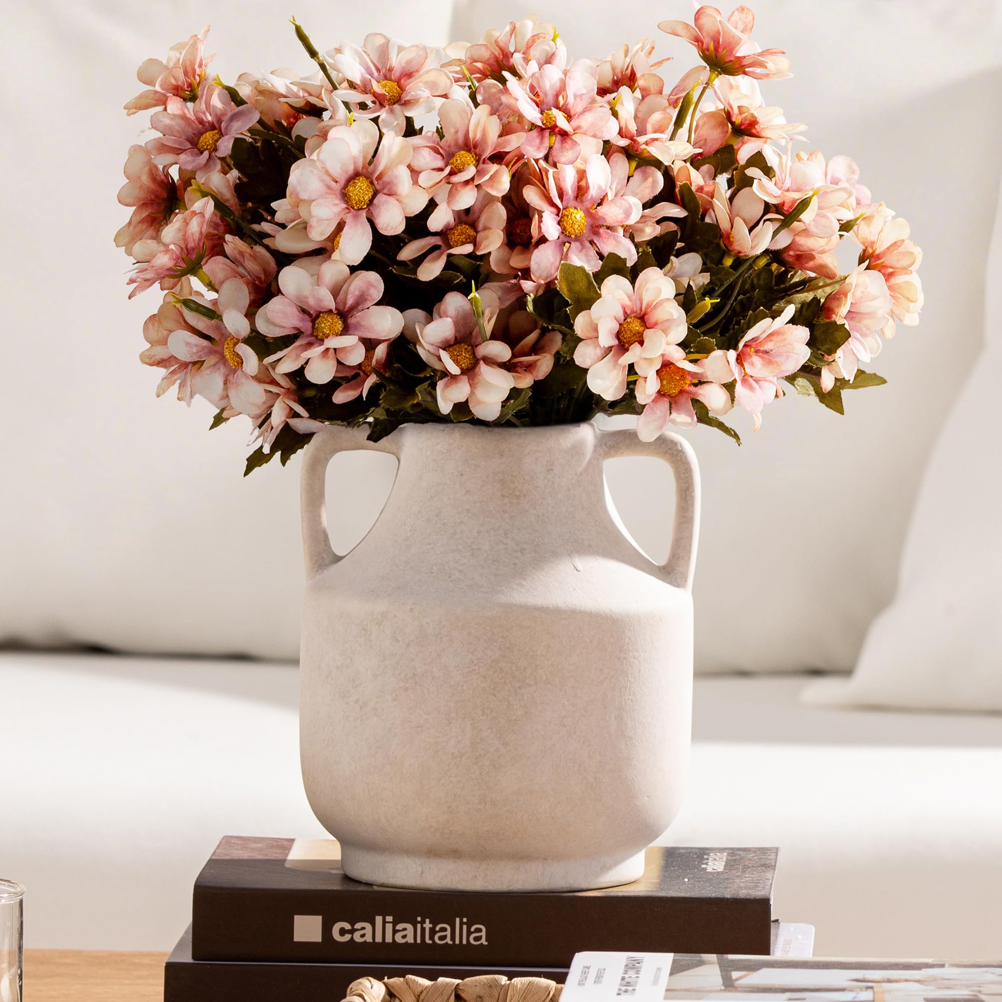 Mitt&Ditt ceramic vase with handles, 8-inch tall, off-white finish for elegant tabletop display.