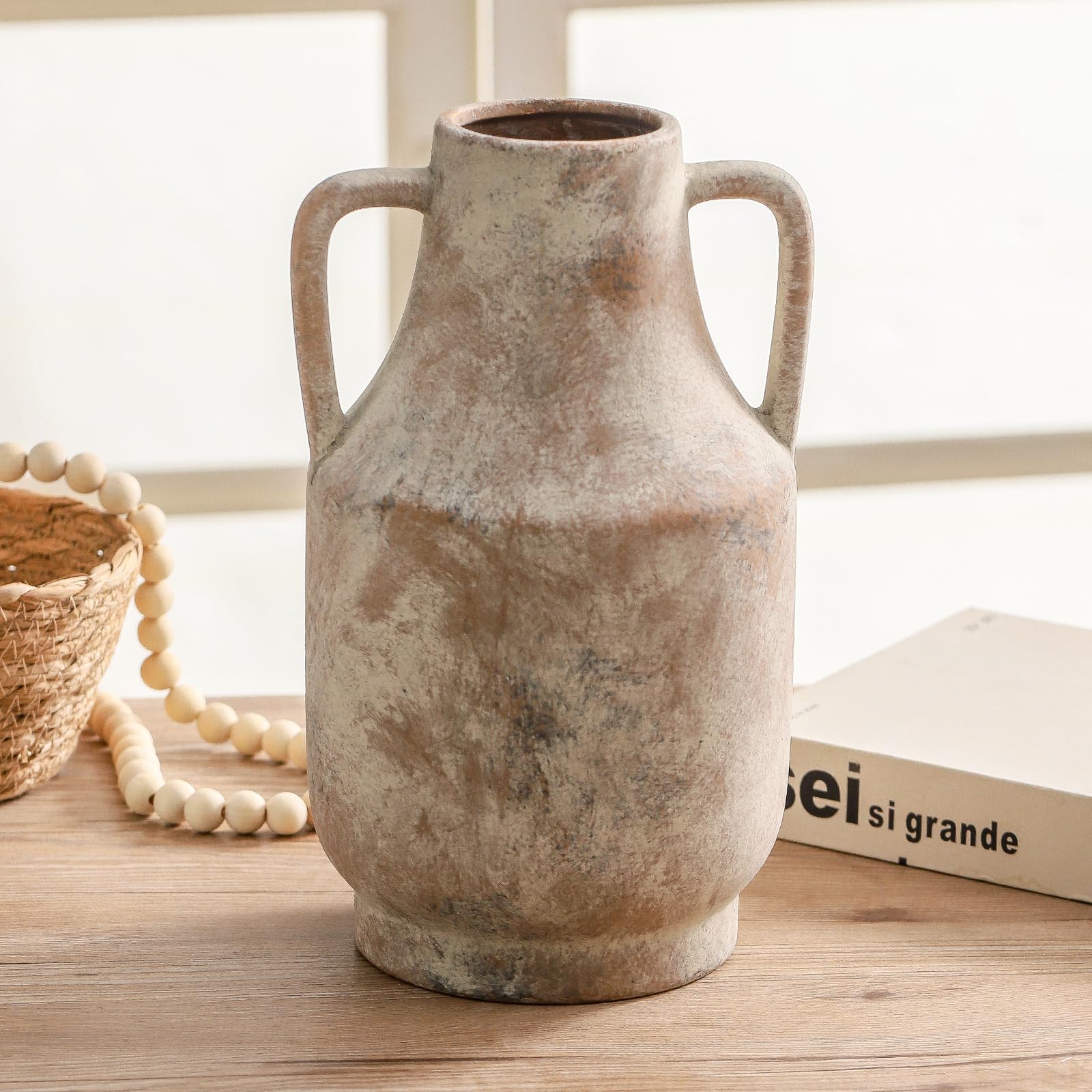 Mitt&Ditt neutral weathered vase offers versatile styling for any room.