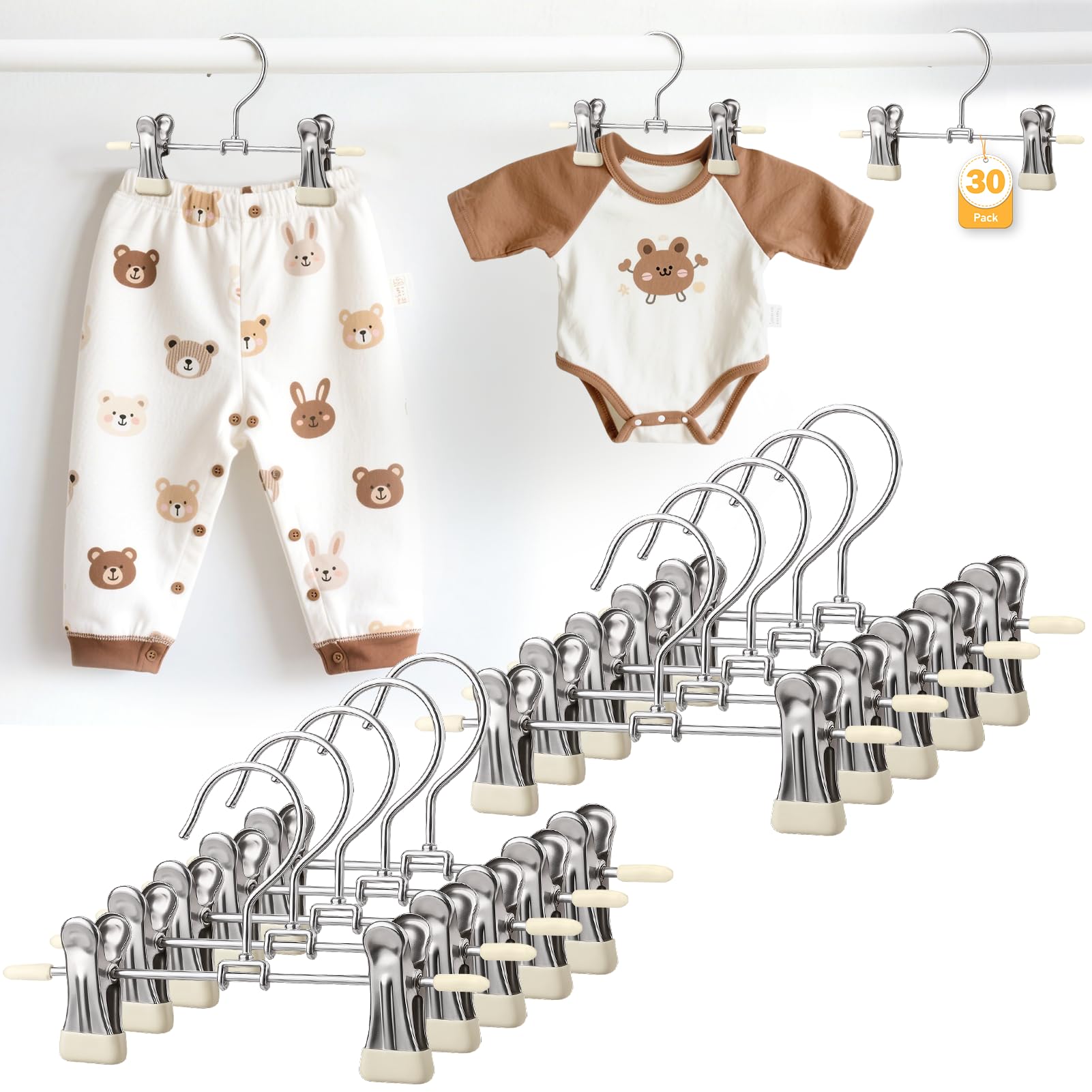 Mity Rain 360° clip hangers showing flexible rotation for easy baby wardrobe organization.