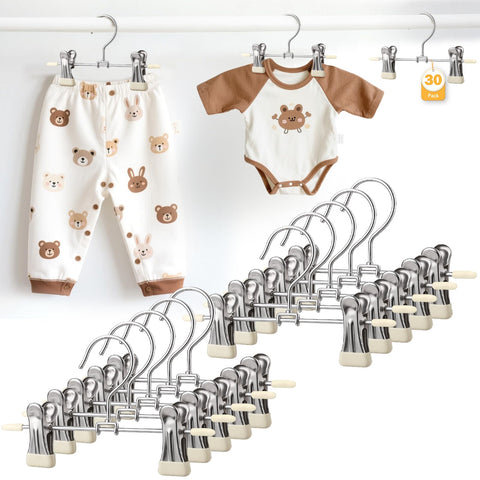 Mity Rain 360° clip hangers showing flexible rotation for easy baby wardrobe organization.