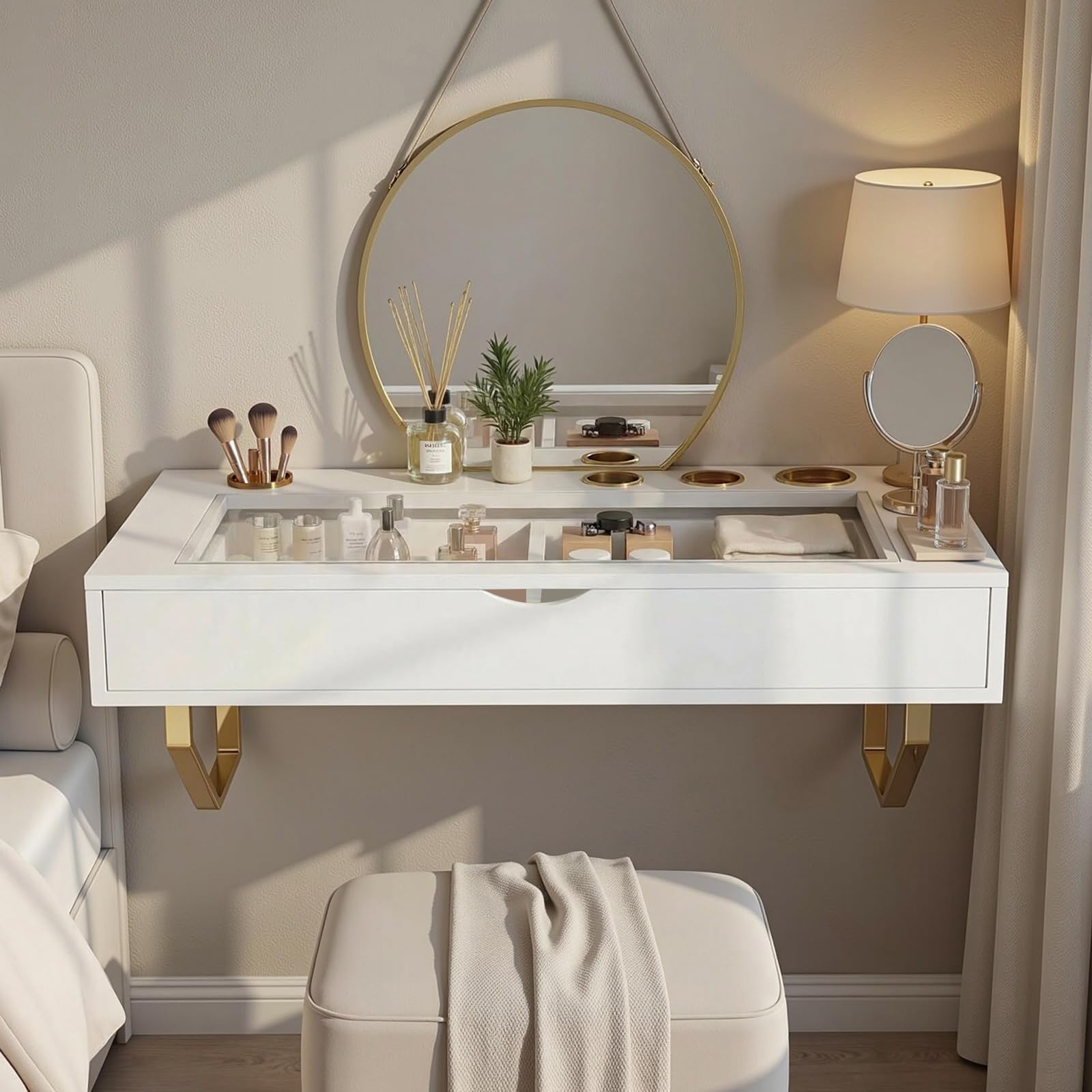 MIUJOTI vanity with drawer open reveals organized storage for cosmetics and tools