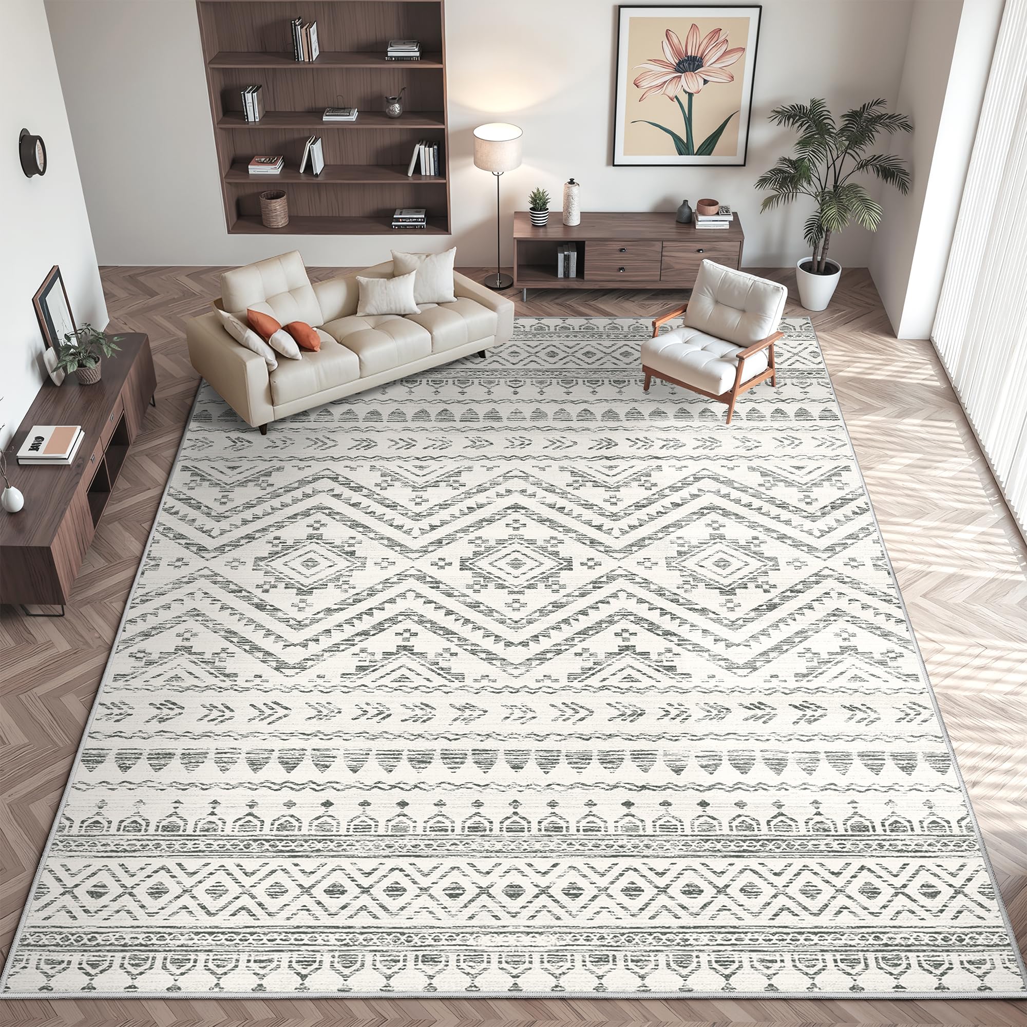 Miukiki grey-toned rug complements contemporary interior styles.
