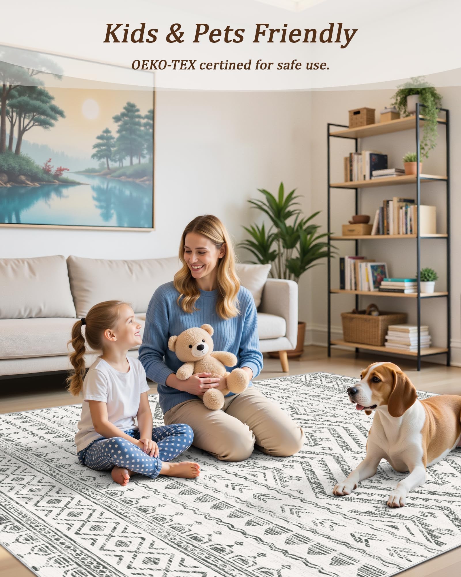 Miukiki grey rug suits living rooms, dining areas, and bedrooms.