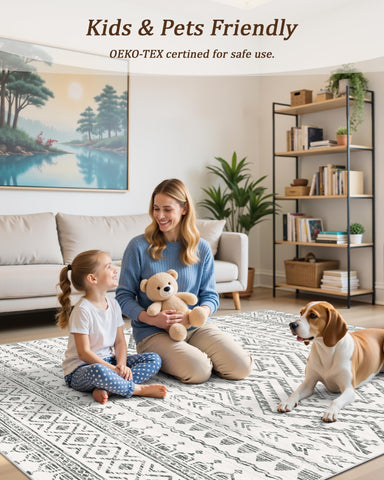 Miukiki grey rug suits living rooms, dining areas, and bedrooms.