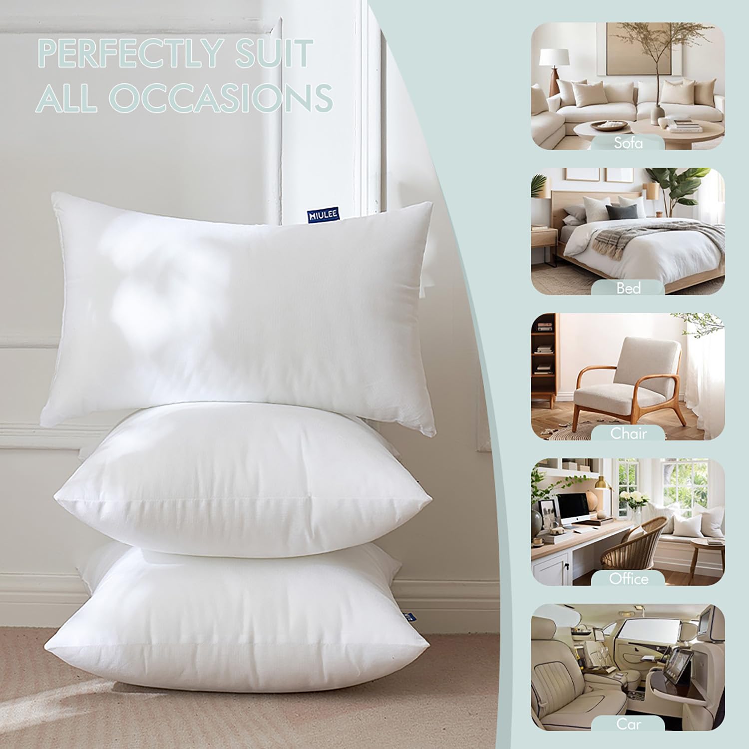 MIULEE 12x20 pillow insert stacked on a bench demonstrates versatile decor.
