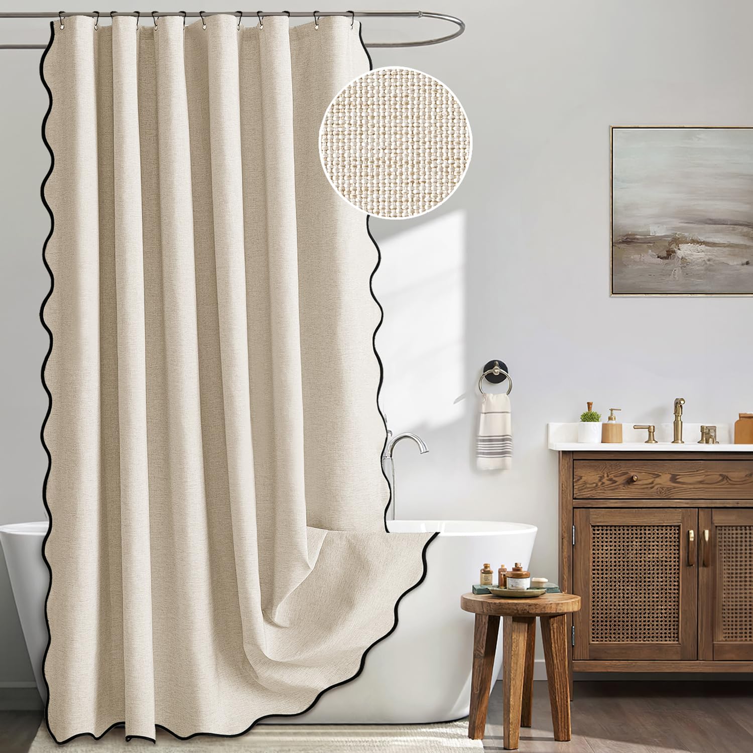 MIULEE 80-inch scalloped shower curtain in beige linen texture adds style and privacy.