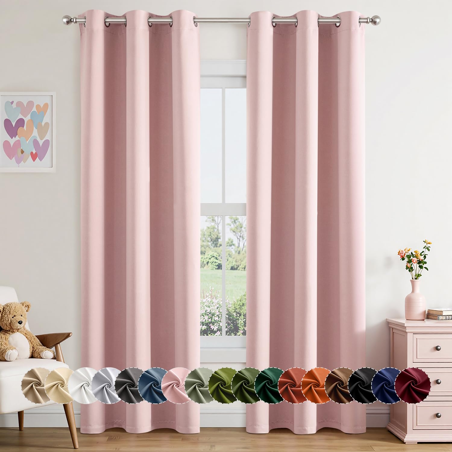 MIULEE baby pink blackout curtains front view, two-panel setup blocks light for better sleep.