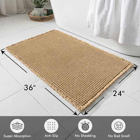 MIULEE waffle rug closeup texture, brown, dense weave for quick moisture absorption