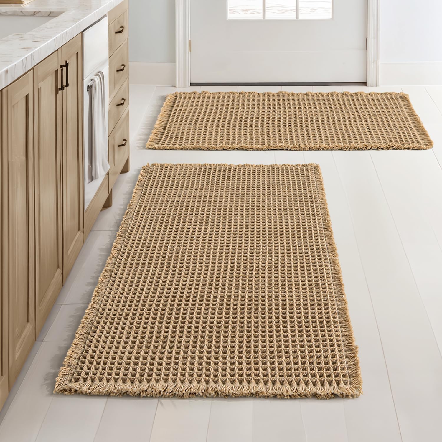 MIULEE waffle bath mats set of 2 brown, front view showing plush texture for cozy bathrooms