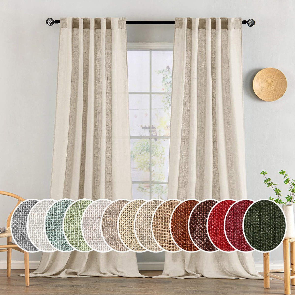 MIULEE beige linen curtains set of 2, 90-inch length, soft textured fabric for living rooms.