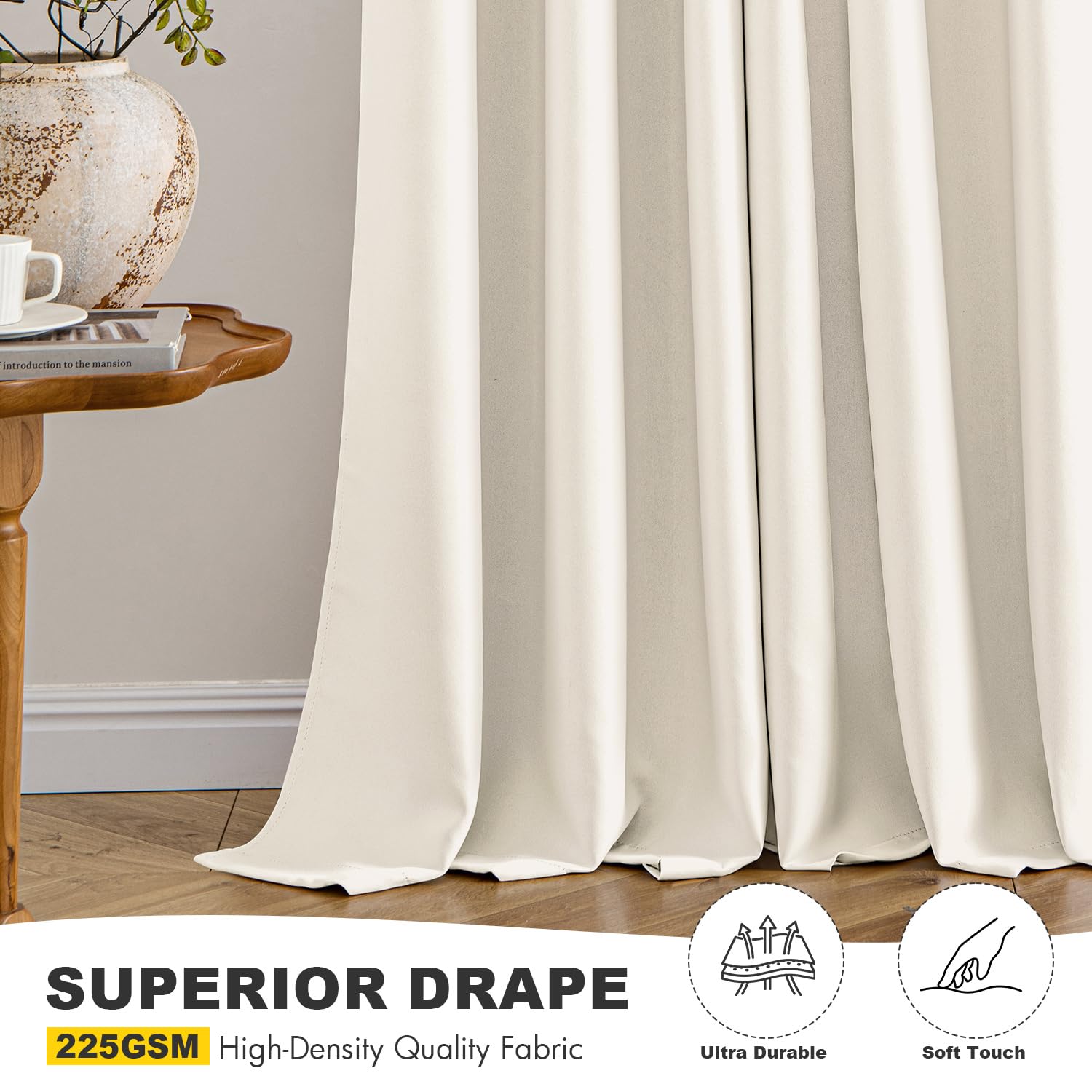 MIULEE bedroom setup with beige-white blackout curtains promoting calm interiors.
