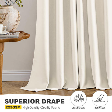 MIULEE bedroom setup with beige-white blackout curtains promoting calm interiors.