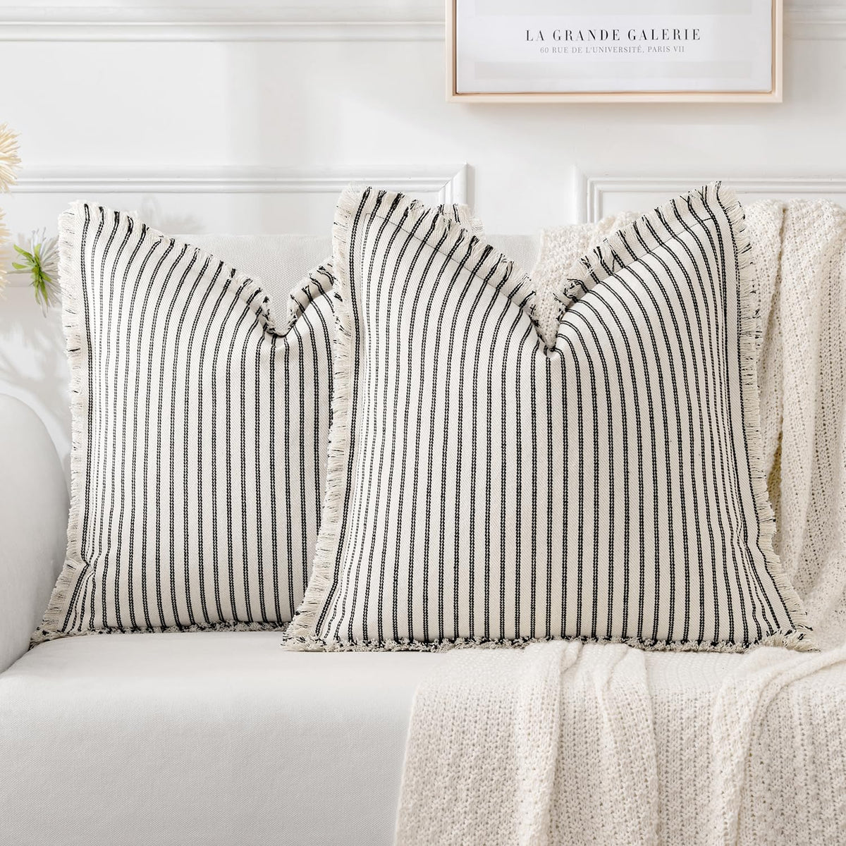 MIULEE black pillow cover 20x20 with striped linen front, perfect for sofa accents.