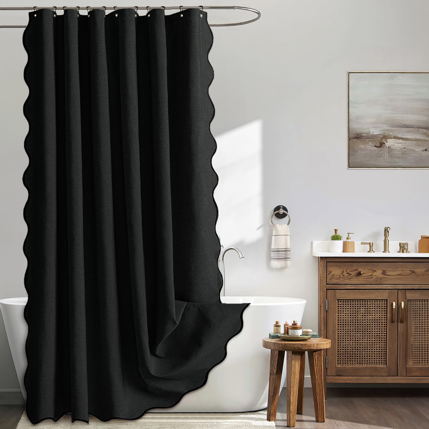 MIULEE black scalloped shower curtain close-up showing textured faux linen and durable craftsmanship.
