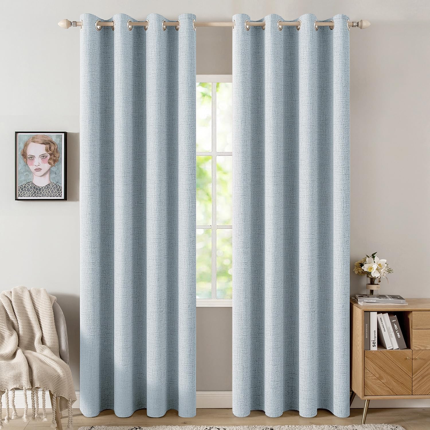 MIULEE blackout curtains with linen texture in close-up show light control.