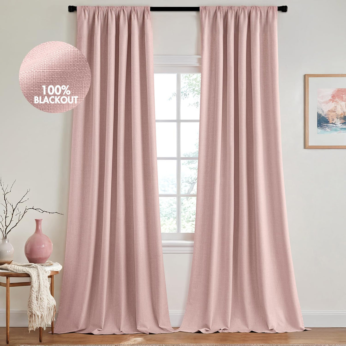 MIULEE blackout curtains 84in back-tab pleat in baby pink for room darkening and privacy.