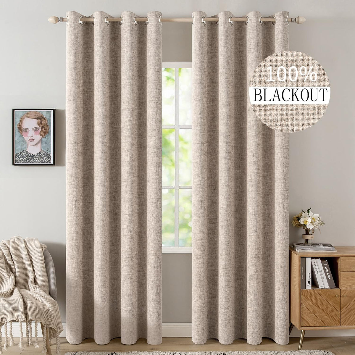 MIULEE blackout curtains beige panel 1 with linen texture for light control