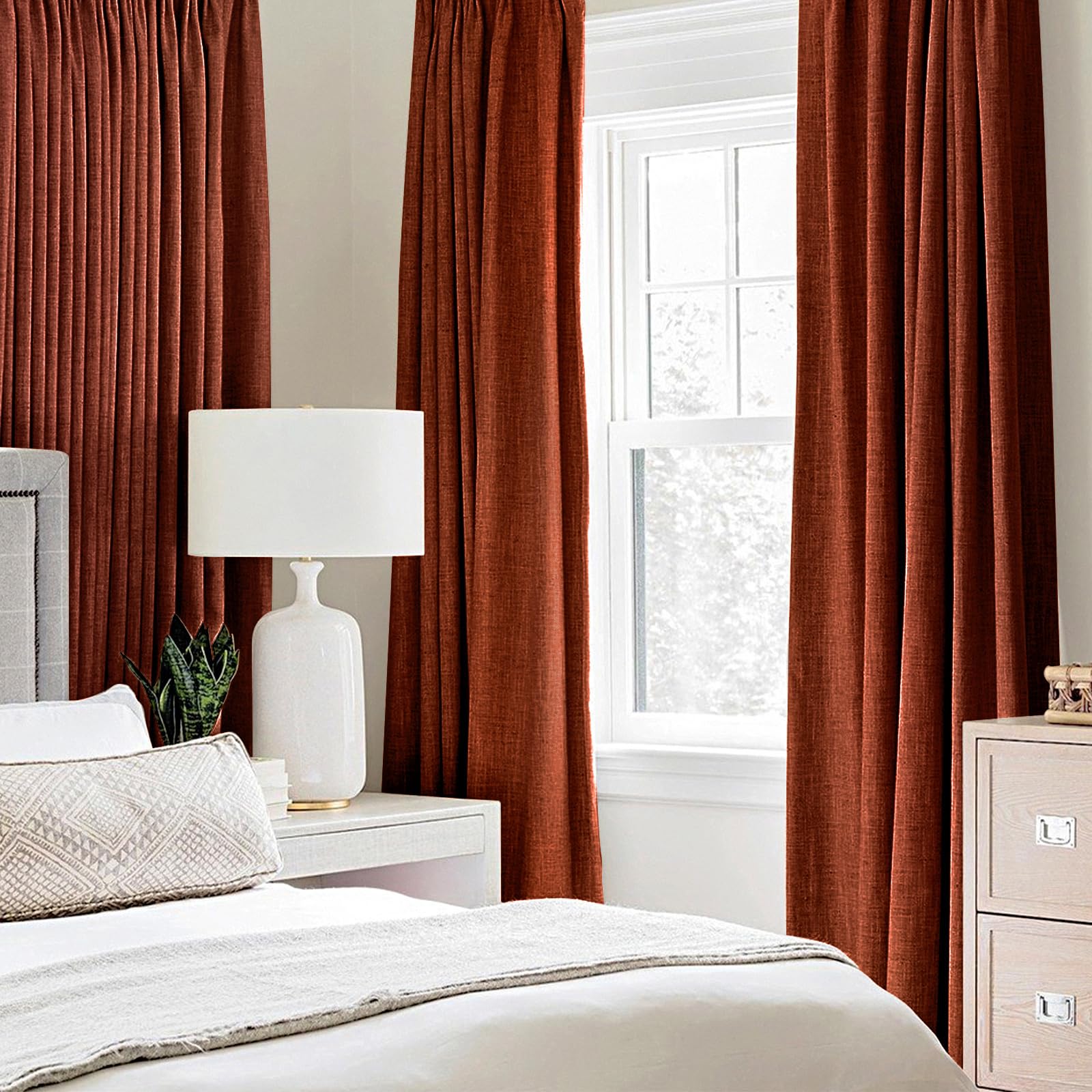 MIULEE burnt-orange linen-look curtain panel with grommets enhances bedroom mood and light control