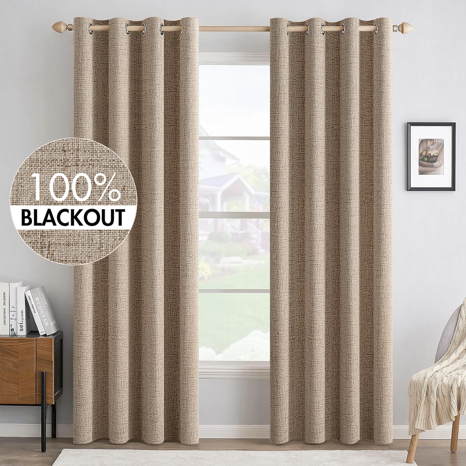 MIULEE blackout curtains in copper brown with linen texture for deep darkness and warm ambience.