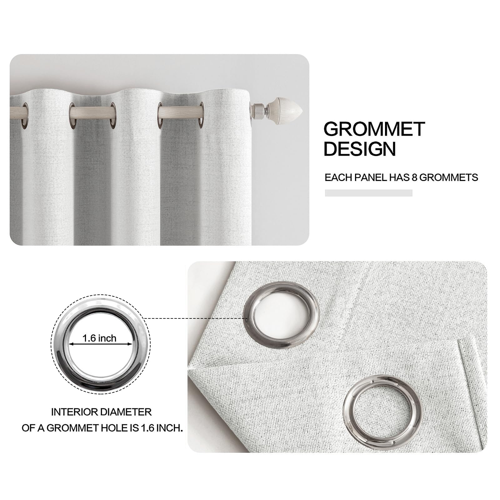 MIULEE grommet curtains install easily with 1.6-inch holes for quick hanging.