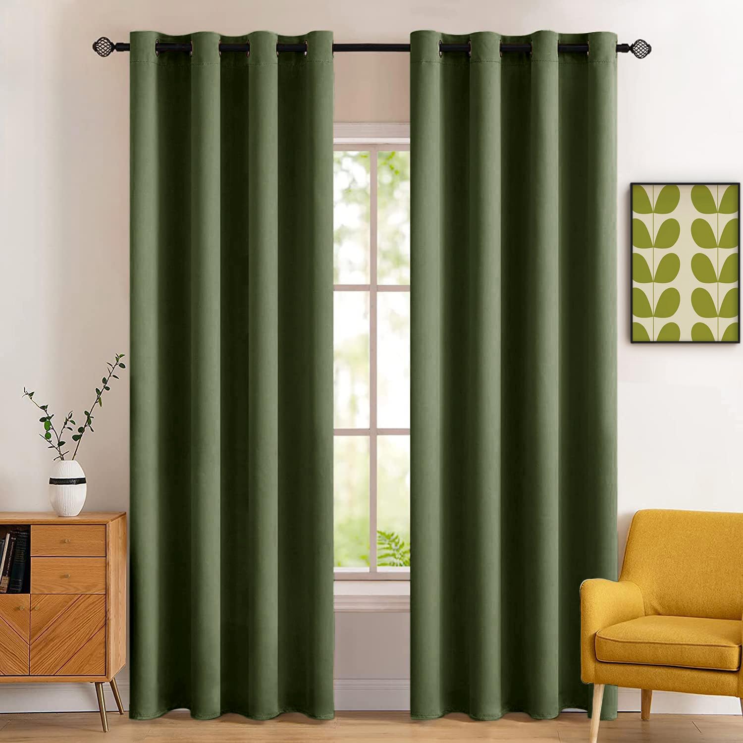 MIULEE blackout curtains fabric close-up in olive green for durable, fade-resistant texture.